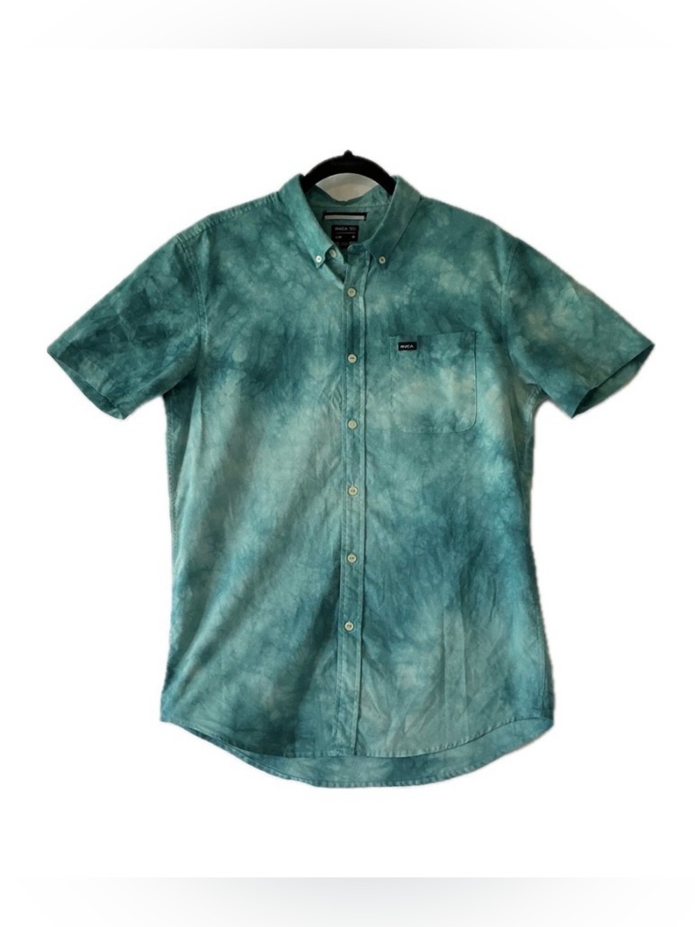 RVCA Bleach Cord Button Down Shirt SzMD Slim Fit Blue/Green Tie Dye Short Sleeve
